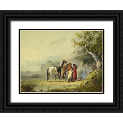 Camp Scene, Sioux Black Ornate Wood Framed Art Print with Double Matting by Miller, Alfred Jacob