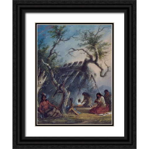 Indian Lodge Black Ornate Wood Framed Art Print with Double Matting by Miller, Alfred Jacob