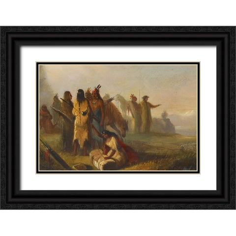 Scene of Trappers and Indians Black Ornate Wood Framed Art Print with Double Matting by Miller, Alfred Jacob
