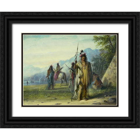 Snake Indian Camp Black Ornate Wood Framed Art Print with Double Matting by Miller, Alfred Jacob