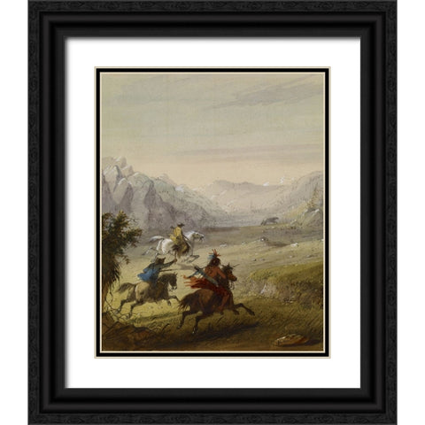 The Grizzly Bear Hunt Black Ornate Wood Framed Art Print with Double Matting by Miller, Alfred Jacob