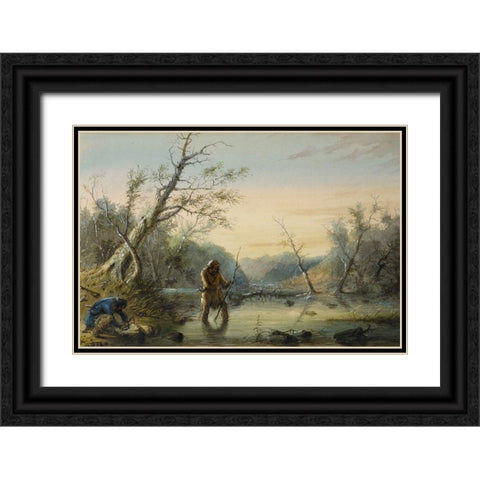 Trapping Beaver Black Ornate Wood Framed Art Print with Double Matting by Miller, Alfred Jacob