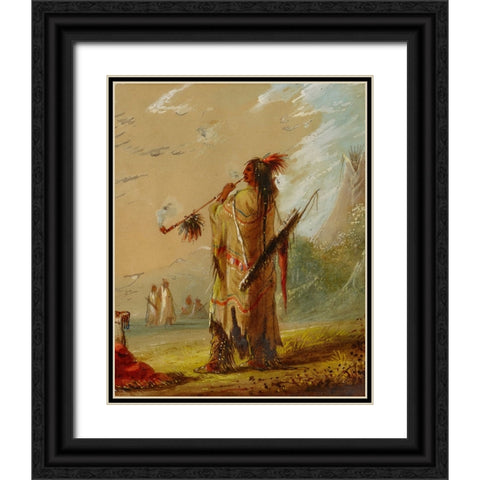 A Shoshonee Indian Smoking Black Ornate Wood Framed Art Print with Double Matting by Miller, Alfred Jacob