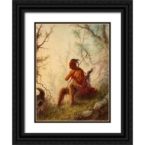 Sioux Indian at a Grave Black Ornate Wood Framed Art Print with Double Matting by Miller, Alfred Jacob