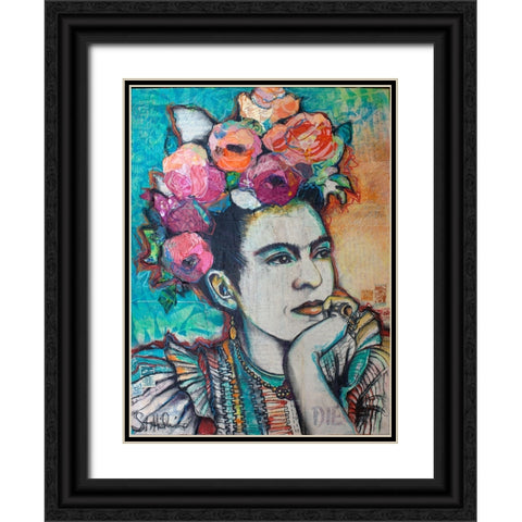 Frida and Florals Black Ornate Wood Framed Art Print with Double Matting by St Hilaire, Elizabeth