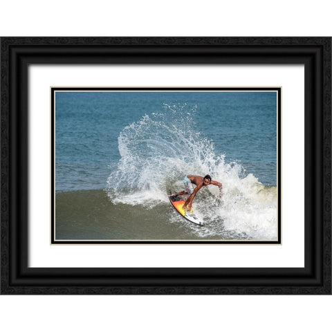 Surfing at Chennai Black Ornate Wood Framed Art Print with Double Matting by GV, BALASUBRAMANIAN
