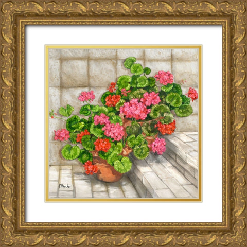 Summer Geraniums Square - Beige Gold Ornate Wood Framed Art Print with Double Matting by Brent, Paul