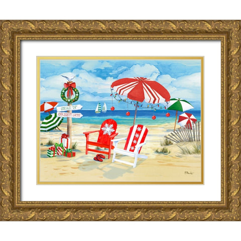 Holiday Beach Signs - Snowflakes Gold Ornate Wood Framed Art Print with Double Matting by Brent, Paul