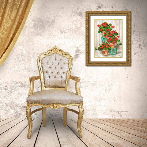 Spindle Shelf Geraniums - Beige Gold Ornate Wood Framed Art Print with Double Matting by Brent, Paul