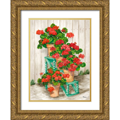 Spindle Shelf Geraniums - Beige Gold Ornate Wood Framed Art Print with Double Matting by Brent, Paul