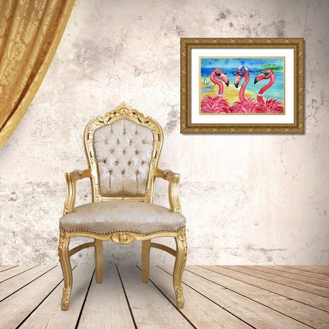 Flamingo Friends And Guy Gold Ornate Wood Framed Art Print with Double Matting by Brent, Paul