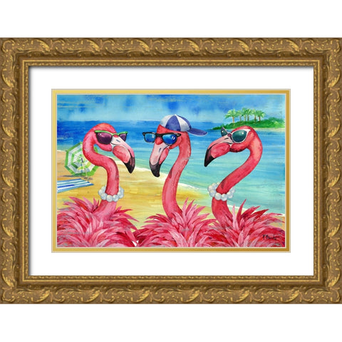 Flamingo Friends And Guy Gold Ornate Wood Framed Art Print with Double Matting by Brent, Paul