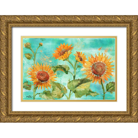 Arianna Sunflowers Horizontal Gold Ornate Wood Framed Art Print with Double Matting by Brent, Paul