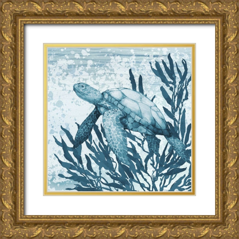 Calypso Turtles II - Indigo Gold Ornate Wood Framed Art Print with Double Matting by Brent, Paul