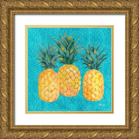 Pineapple Shake - Teal Gold Ornate Wood Framed Art Print with Double Matting by Brent, Paul