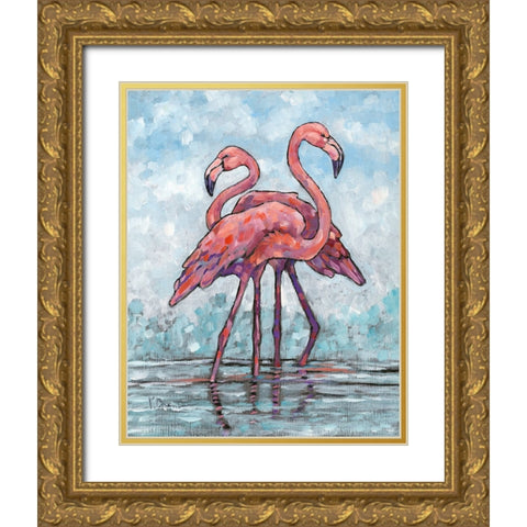 Impressions of Flamingos III Gold Ornate Wood Framed Art Print with Double Matting by Brent, Paul