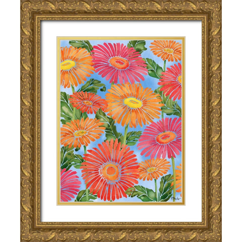 Gerber Daisy Cascade Gold Ornate Wood Framed Art Print with Double Matting by Brent, Paul