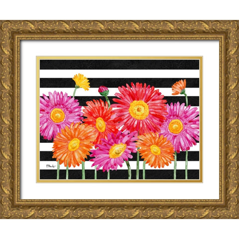 Helena Daisies Horizontal I - Stripes Gold Ornate Wood Framed Art Print with Double Matting by Brent, Paul