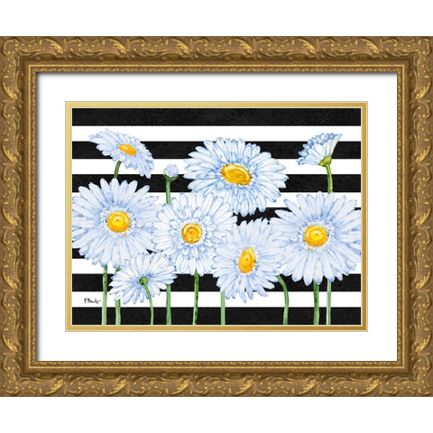 Helena Daisies Horizontal II - Stripes Gold Ornate Wood Framed Art Print with Double Matting by Brent, Paul