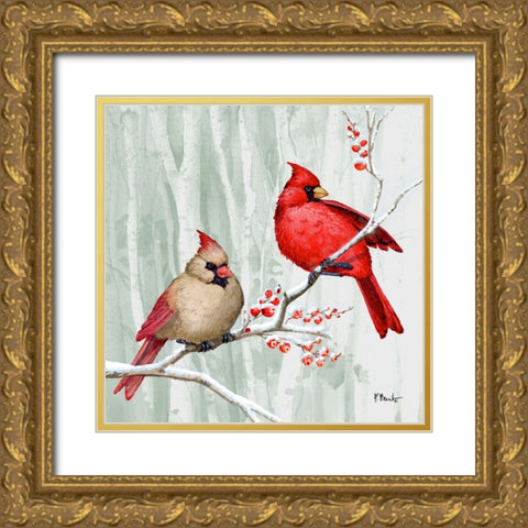 Snowy Cardinals I Gold Ornate Wood Framed Art Print with Double Matting by Brent, Paul