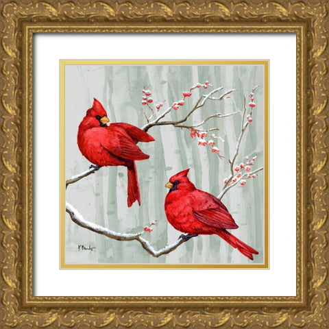 Snowy Cardinals II Gold Ornate Wood Framed Art Print with Double Matting by Brent, Paul
