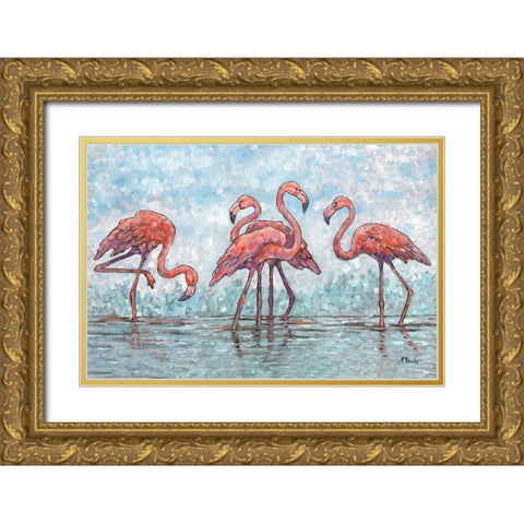 Impressions of Flamingos Horizontal Gold Ornate Wood Framed Art Print with Double Matting by Brent, Paul
