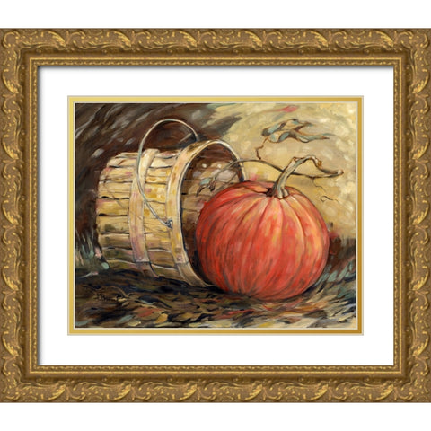 Gleaning Autumn - Pumpkin and Basket Gold Ornate Wood Framed Art Print with Double Matting by Brent, Paul