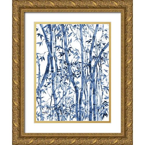 Bamboo Grove Vertical - Blue Gold Ornate Wood Framed Art Print with Double Matting by Brent, Paul