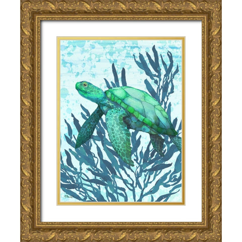 Calypso Turtles Vertical II - Bright Gold Ornate Wood Framed Art Print with Double Matting by Brent, Paul