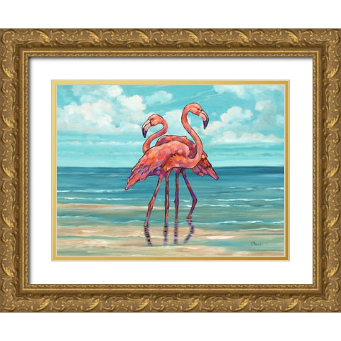Summerset Flamingos Horizontal II Gold Ornate Wood Framed Art Print with Double Matting by Brent, Paul