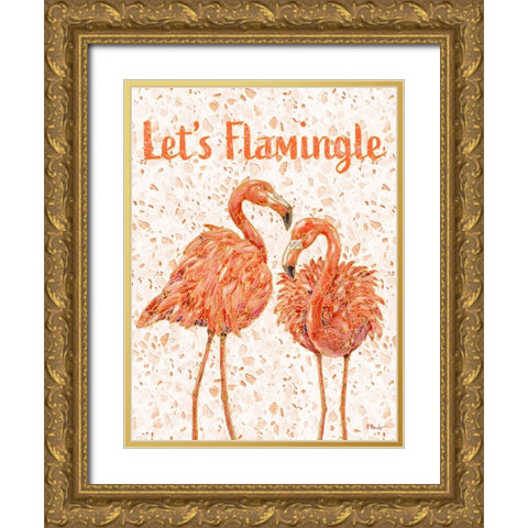 Martinique Flamingos Vertical - Terrazzo Gold Ornate Wood Framed Art Print with Double Matting by Brent, Paul