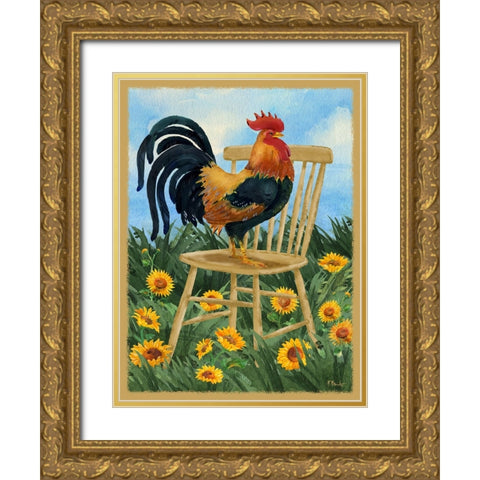Field Rooster Gold Ornate Wood Framed Art Print with Double Matting by Brent, Paul
