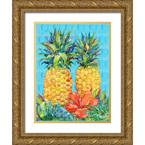 Kona Pineapple and Hibiscus Vertical Gold Ornate Wood Framed Art Print with Double Matting by Brent, Paul