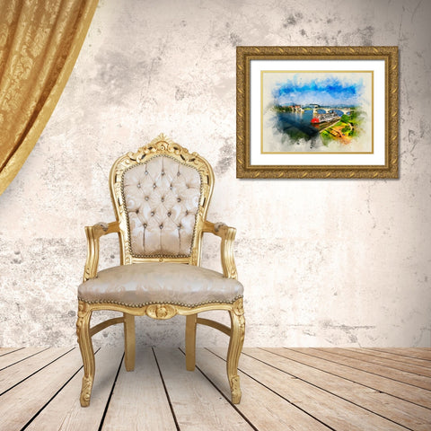 Bridge To Lookout Color Watercolor Gold Ornate Wood Framed Art Print with Double Matting by Lee, Rachel