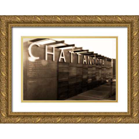 Chatt Pier Sign Sepia Glamour Saturated Gold Ornate Wood Framed Art Print with Double Matting by Lee, Rachel