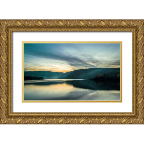 Mountain Lake 1 Custom Teal Gold Ornate Wood Framed Art Print with Double Matting by Lee, Rachel
