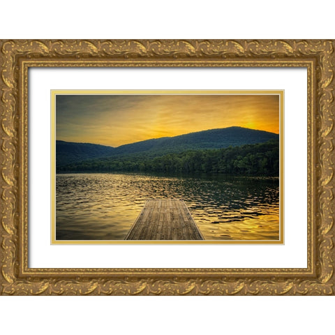 Raccoon Pier Sunglow Gold Ornate Wood Framed Art Print with Double Matting by Lee, Rachel