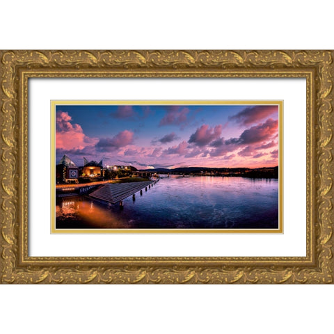 River Downtown at Night Panorama Reedit Gold Ornate Wood Framed Art Print with Double Matting by Lee, Rachel