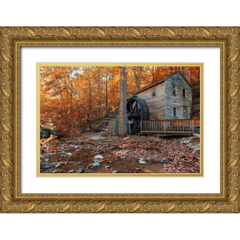 Smokies Grist Mill Fall Gold Ornate Wood Framed Art Print with Double Matting by Lee, Rachel