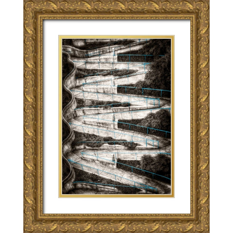 Walk My Way Sepia w Blue Rails Gold Ornate Wood Framed Art Print with Double Matting by Lee, Rachel