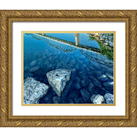 Walnut River Reflection w Rocks Gold Ornate Wood Framed Art Print with Double Matting by Lee, Rachel
