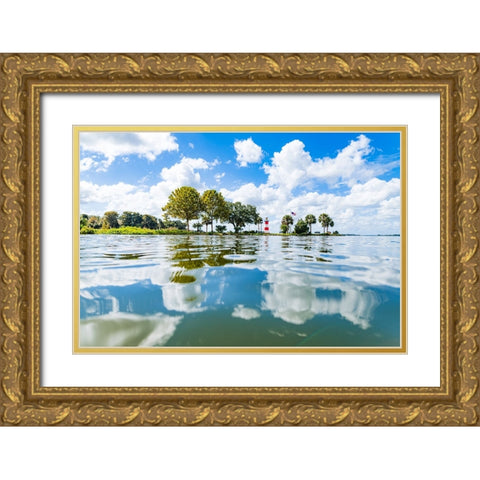 Candy Cane Lighthouse Gold Ornate Wood Framed Art Print with Double Matting by Malone, Will
