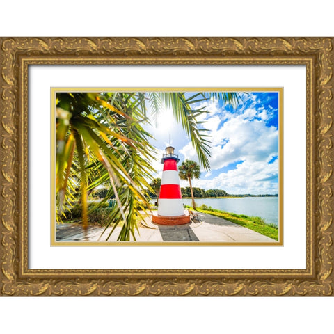 The Candy Cane Lighthouse Gold Ornate Wood Framed Art Print with Double Matting by Malone, Will