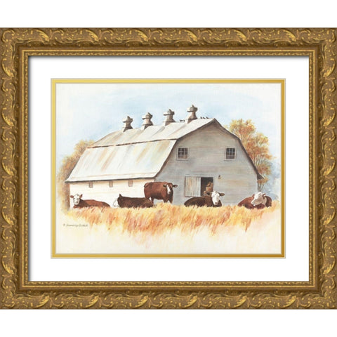 White Barn and Cattle Gold Ornate Wood Framed Art Print with Double Matting by Babbitt, Gwendolyn