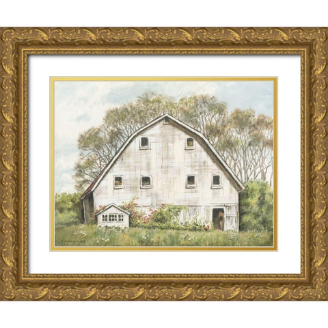 White Barn and Roses Gold Ornate Wood Framed Art Print with Double Matting by Babbitt, Gwendolyn