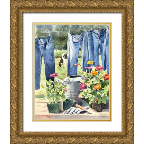 Blue jeans, Zinnias and Cow Gold Ornate Wood Framed Art Print with Double Matting by Babbitt, Gwendolyn