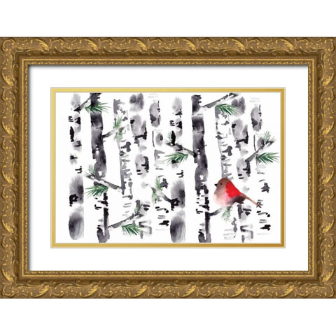 Bird in Birch Gold Ornate Wood Framed Art Print with Double Matting by Berrenson, Sara