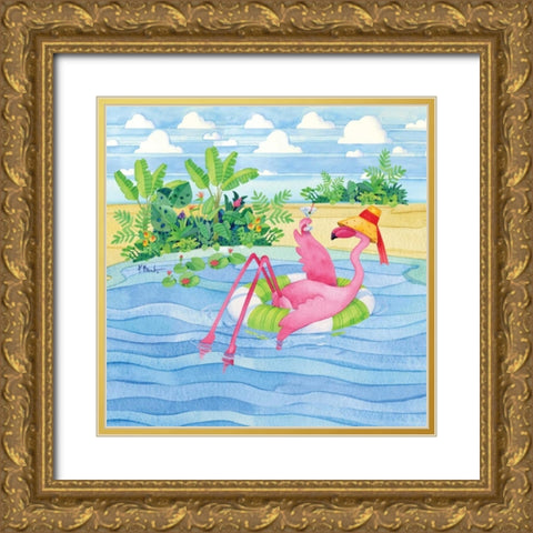 Martini Float Flamingo Gold Ornate Wood Framed Art Print with Double Matting by Brent, Paul