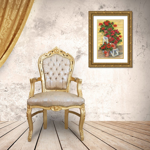 Spindle Shelf Geraniums Gold Ornate Wood Framed Art Print with Double Matting by Brent, Paul