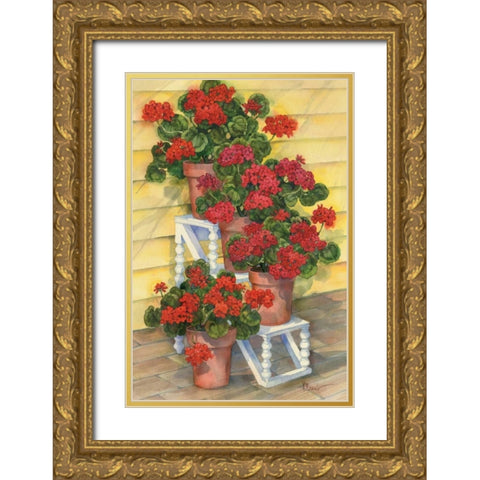 Spindle Shelf Geraniums Gold Ornate Wood Framed Art Print with Double Matting by Brent, Paul